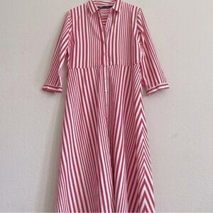 Zara woman dress size large red white stripe 100% cotton button down fit flare